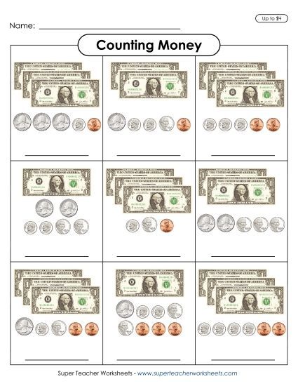 Amounts Up to $4 - Counting Money 3 (Up to $4) (Printable PDF Worksheet)