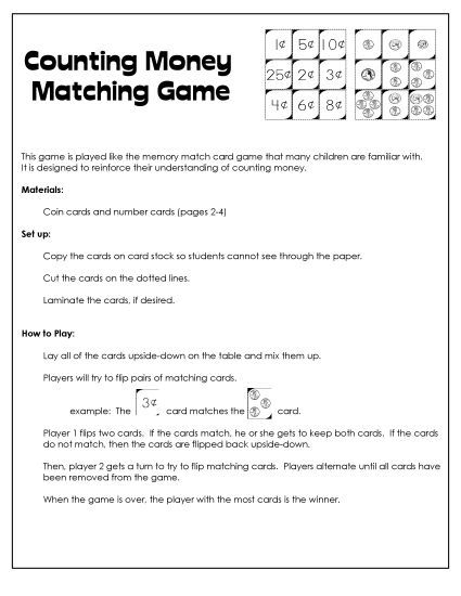 Games, Puzzles, Task Cards - Counting Money Memory Game (Basic) (Printable PDF Worksheet)