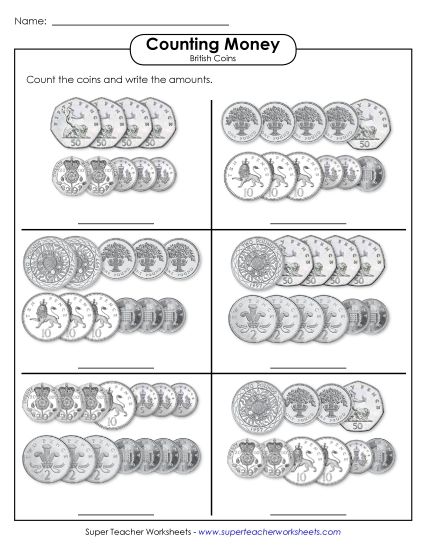 Pre-2008 Coins - Counting Money (Old UK Coins) (Printable PDF Worksheet)
