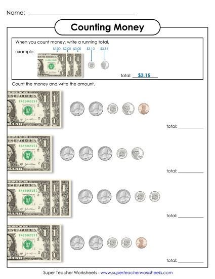 Amounts Up to $4 - Counting Money With a Running Total (Up to $4) (Printable PDF Worksheet)