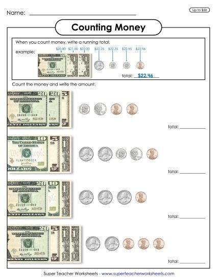 Amounts Up to $50 - Counting Money With a Running Total (Up to $50) (Printable PDF Worksheet)