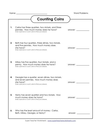 Coins Only (No Bills) - Counting Money Word Problems Activity (Printable PDF Worksheet)