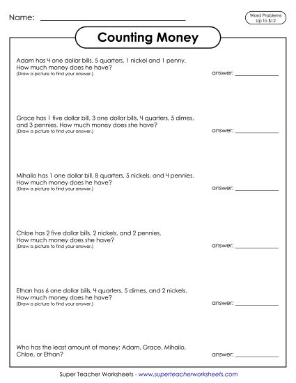 Amounts Up to $12 - Counting Money Word Problems up to $12 (Printable PDF Worksheet)