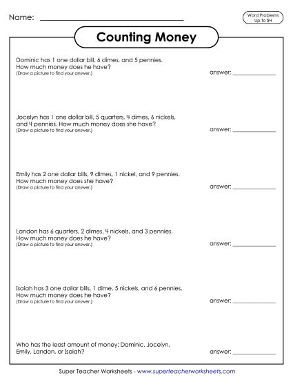 Amounts Up to $4 - Counting Money Word Problems up to $4 (Printable PDF Worksheet)