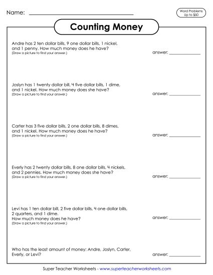 Amounts Up to $50 - Counting Money Word Problems up to $50 (Printable PDF Worksheet)