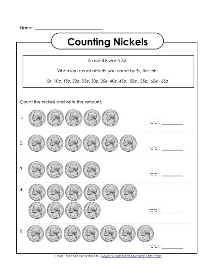 Nickels Only - Counting Nickels 2 (Basic Coin Skills) (Printable PDF Worksheet)