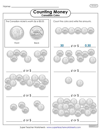 Basic (Single Coins & Bills) - Counting Nickels (Printable PDF Worksheet)
