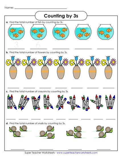 Skip Count by 3s - Counting Objects by 3s (Printable PDF Worksheet)