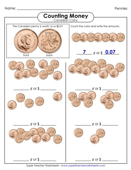 Basic (Single Coins & Bills) - Counting Pennies (Printable PDF Worksheet)