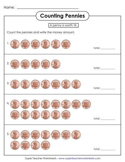 Counting Up to 20 - Counting Pennies (USA) (Printable PDF Worksheet)