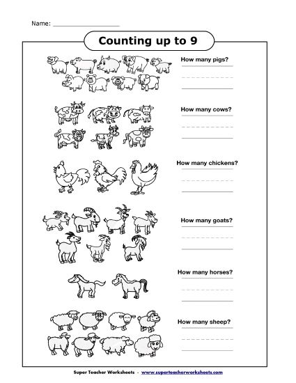 Counting (to 10)  - Counting Practice with Farm Animals (Numbers up to 9)  (Printable PDF Worksheet)
