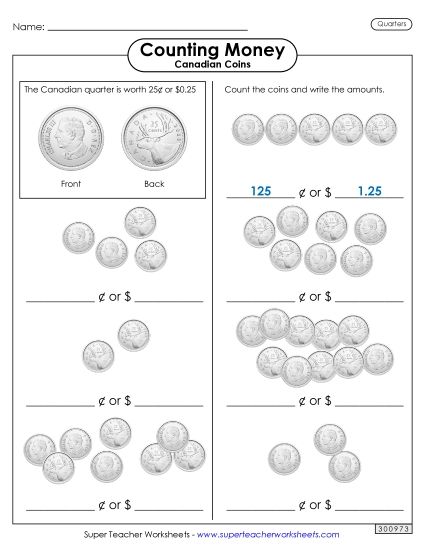 Basic (Single Coins & Bills) - Counting Quarters (Printable PDF Worksheet)