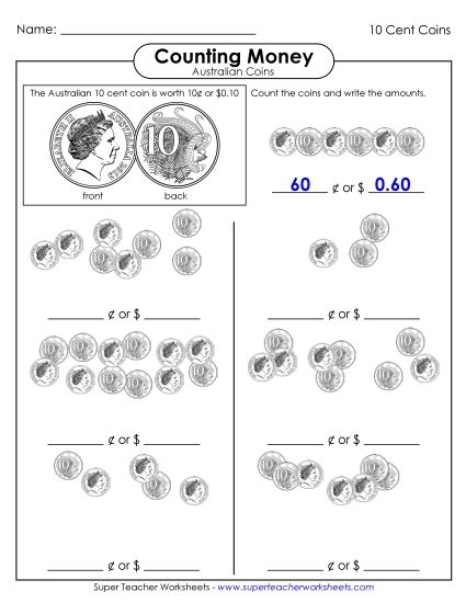 Single Coins (Very Basic Level) - Counting Ten Cent Coins (Printable PDF Worksheet)
