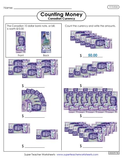 Basic (Single Coins & Bills) - Counting Tens (Printable PDF Worksheet)