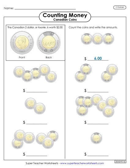 Basic (Single Coins & Bills) - Counting Toonies (Printable PDF Worksheet)
