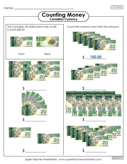 Basic (Single Coins & Bills) - Counting Twenties (Printable PDF Worksheet)