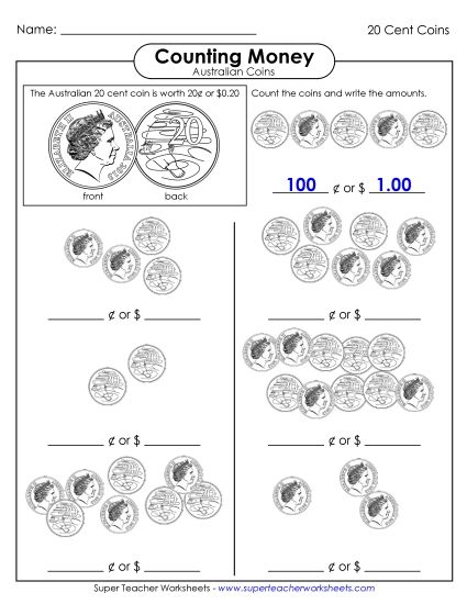 Single Coins (Very Basic Level) - Counting Twenty Cent Coins (Printable PDF Worksheet)