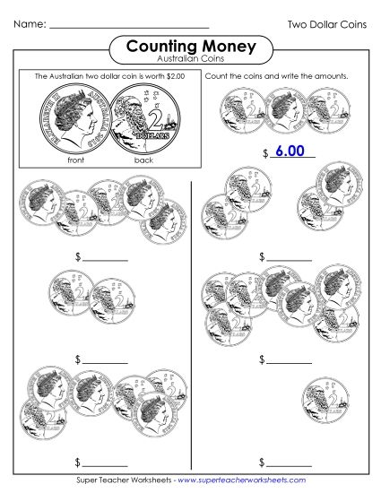 Single Coins (Very Basic Level) - Counting Two Dollar Coins (Printable PDF Worksheet)