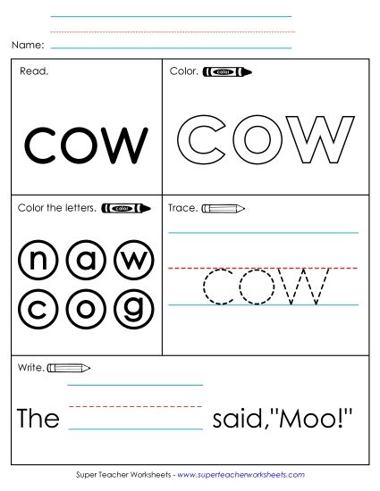 Individual Sight Words - Cow (Sight Word) (Printable PDF Worksheet)