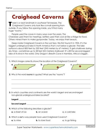 Reading Comprehension - Craighead Caverns (Short Article) (Printable PDF Worksheet)