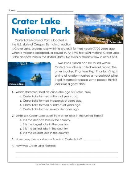 Non-Fiction - Crater Lake National Park (Printable PDF Worksheet)