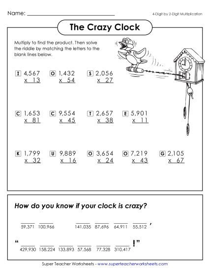Multiplication - Crazy Clock (Multiply: 4-Digit by 2-Digit) (Printable PDF Worksheet)