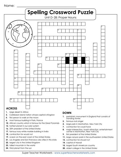 Worksheets - Crossword (D-28) (Printable PDF Worksheet)