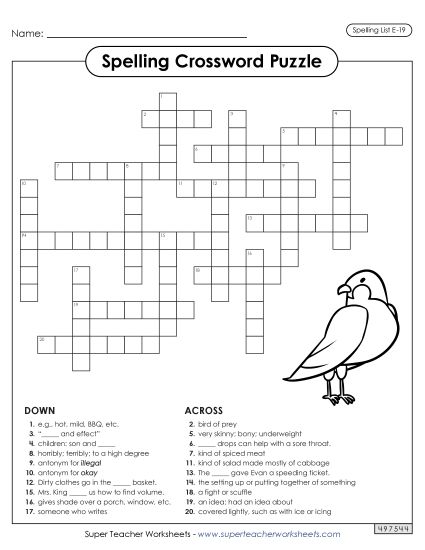 Printable Worksheets - Crossword (E-19) (Printable PDF Worksheet)