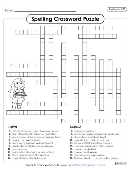 Printable Worksheets - Crossword (E-22) (Printable PDF Worksheet)
