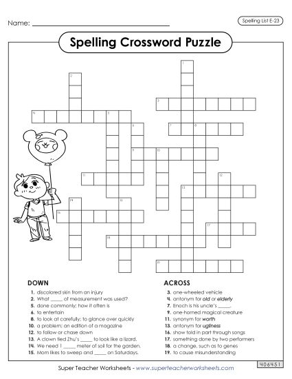 Printable Worksheets - Crossword (E-23) (Printable PDF Worksheet)