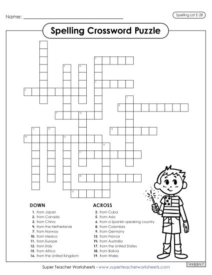 Printable Worksheets - Crossword (E-28) (Printable PDF Worksheet)