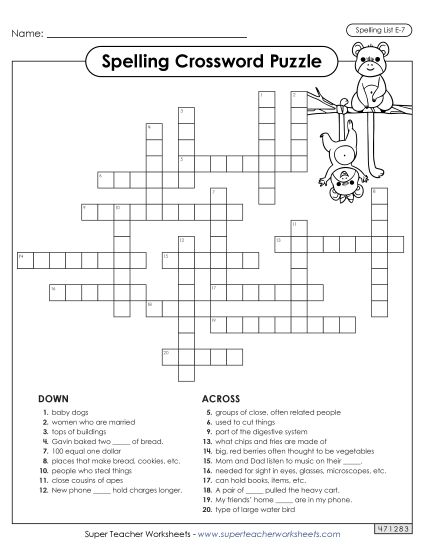 Printable Worksheets - Crossword (E-7) (Printable PDF Worksheet)