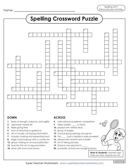 Worksheets and Puzzles - Crossword (Extracurriculars) (Printable PDF Worksheet)
