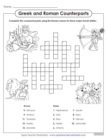 Puzzles - Crossword Puzzle: Greek Deities and Their Roman Counterparts (Printable PDF Worksheet)