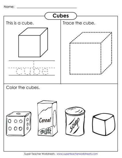 Individual Shapes - Cube: Trace & Color (Printable PDF Worksheet)