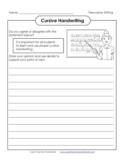 Persuasive Writing Topics - Cursive Handwriting (Printable PDF Worksheet)