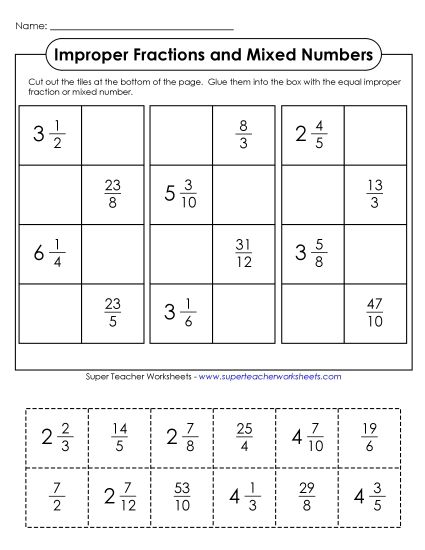 Improper Fractions and Mixed Numbers - Cut-and-Glue #2 (Printable PDF Worksheet)