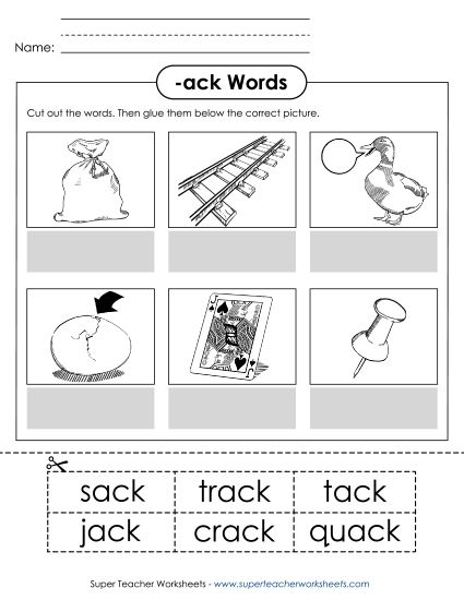 Worksheets - Cut and Glue (-ack) (Printable PDF Worksheet)