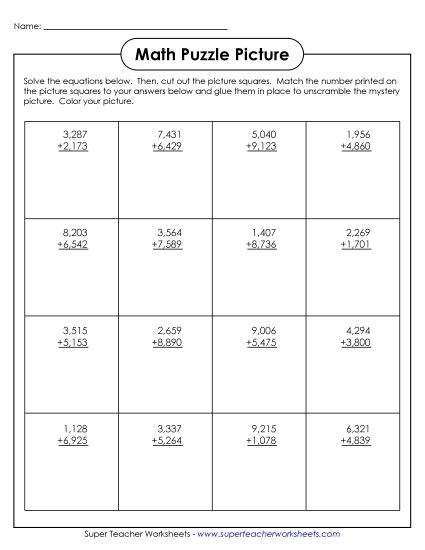 4-Digit Addition - Cut-and-Glue Addition Puzzle: Dinosaur (Printable PDF Worksheet)