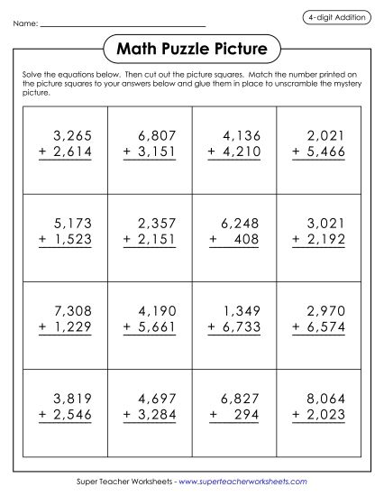 4-Digit Addition - Cut-and-Glue Addition Puzzle: Parrot (Printable PDF Worksheet)
