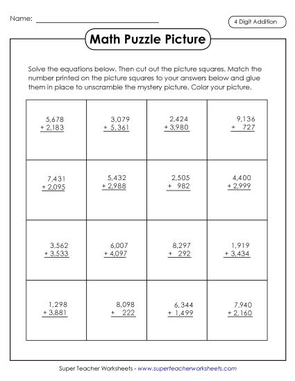 4-Digit Addition - Cut-and-Glue Addition Puzzle: Rocket (Printable PDF Worksheet)
