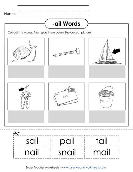 Worksheets - Cut and Glue (-ail) (Printable PDF Worksheet)