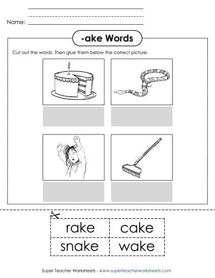 Worksheets - Cut and Glue (-ake) (Printable PDF Worksheet)