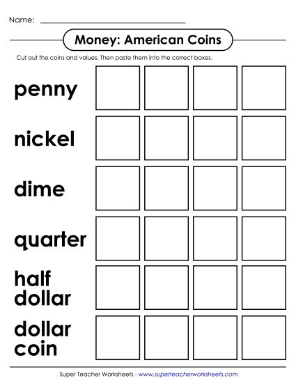 All Coins (Incl. Half Dollars & Dollars) - Cut and Glue: All Coins (Printable PDF Worksheet)