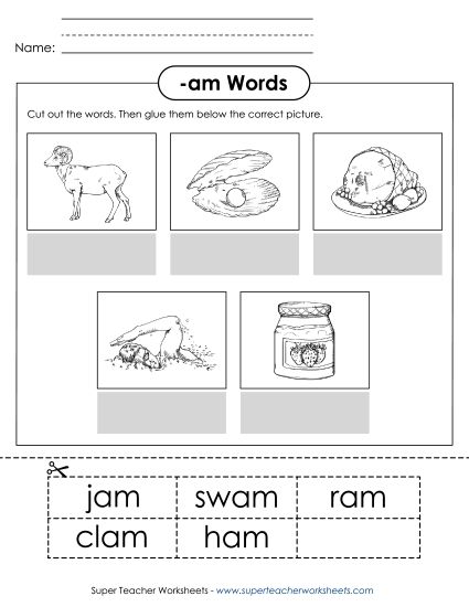 Worksheets - Cut and Glue (-am) (Printable PDF Worksheet)