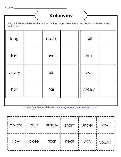 Antonyms - Cut & Glue Antonyms (Basic) (Printable PDF Worksheet)