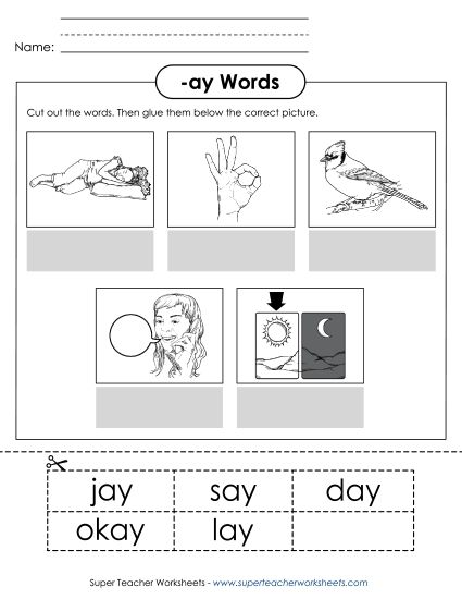 Worksheets - Cut and Glue (-ay) (Printable PDF Worksheet)