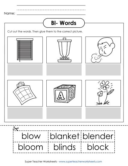Cut and Glue Activities - Cut and Glue (Bl- Words)  (Printable PDF Worksheet)