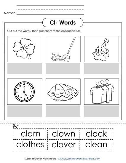 Cut and Glue Activities - Cut and Glue (Cl- Words)  (Printable PDF Worksheet)
