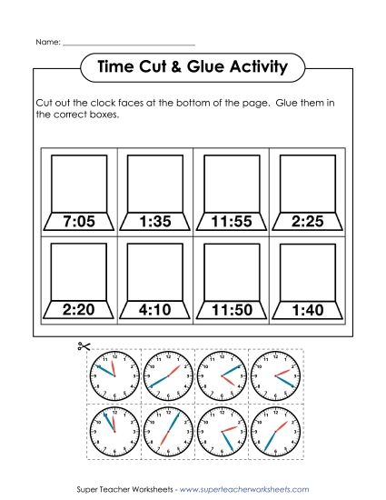Reading Clocks: Nearest 5 Minutes - Cut & Glue Clocks (Printable PDF Worksheet)